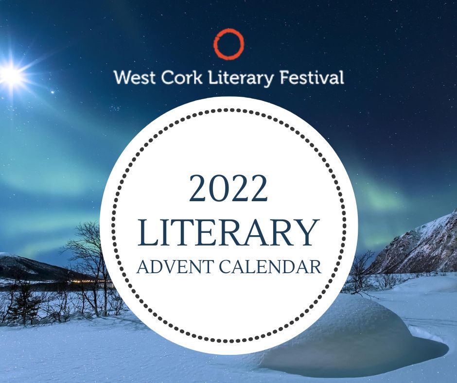 The words 2022 Literary Advent Calendar are inside a white circle. Behind the circle is a snowy winter scene depicting a snow-covered field with a mountain in the background at night