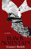 Conner Habib's book cover is a dark red colour with the outline of a hawk cut out of it. The body of the hawk is filled in with a black and white illustration of a coastal scene showing a lighthouse, a house, a stormy sea and a sky filled with birds
