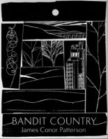 The cover of James Conor Patterson's poetry collection is mainly black in colour. It has his name and the book title Bandit Country in white letters and white lines drawings of various scenes including a bridge, a tall building, a tree