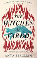 Cover of The Witches of Vardo by Anya Bergman. The title of the book is in black and it is surrounded by an illustration of red flames and a blue cat behind the flames.