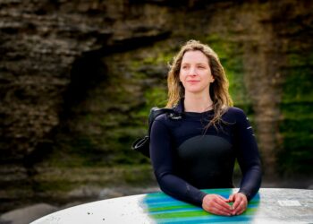 Easkey Britton, Irish surfer, scientist and author, on the beach near her home in Rosnowlagh, Co. Donegal.
Photo: James Connolly
08APR21
