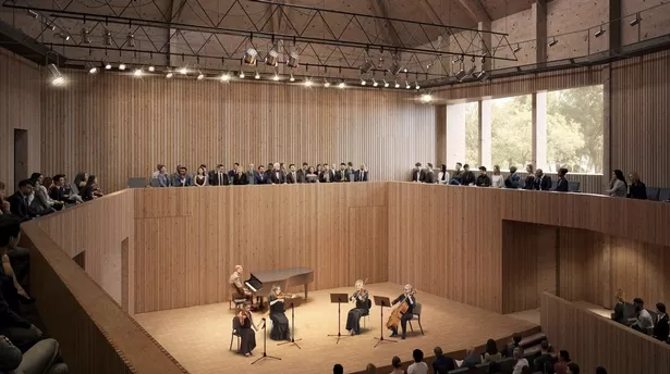Artist's image of the inside of the new auditorium, with audiences surrounding the stage on a high tier, as well as an audience in front of the musicians on stage.