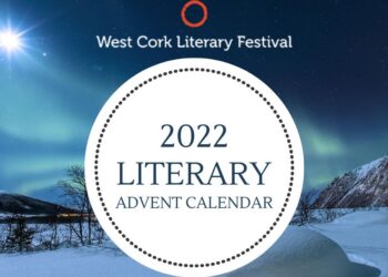 The words 2022 Literary Advent Calendar are inside a white circle. Behind the circle is a snowy winter scene depicting a snow-covered field with a mountain in the background at night