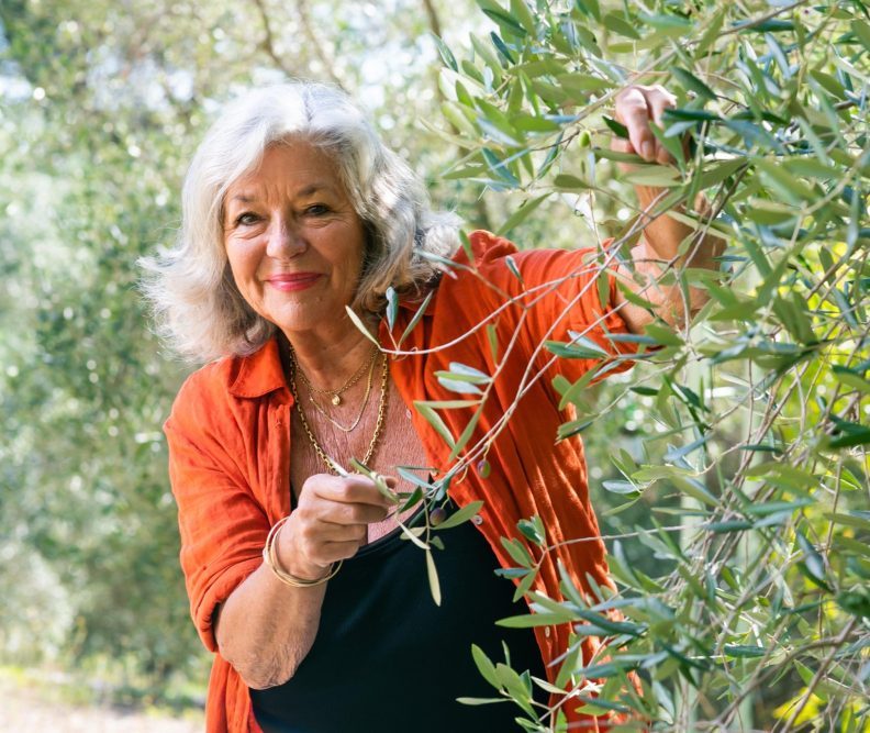Photo of Carol Drinkwater beside an olive tree|Book cover of One Summer in Provence