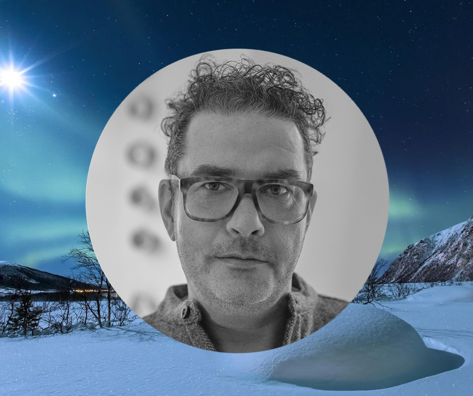 Photo of writer Andrew Meehan in a circular window effect with a snowy winter scene behind the circle. The idea is to create a sense of an Advent Calendar window|The cover of Andrew Meehan's novel contains his name and the book title