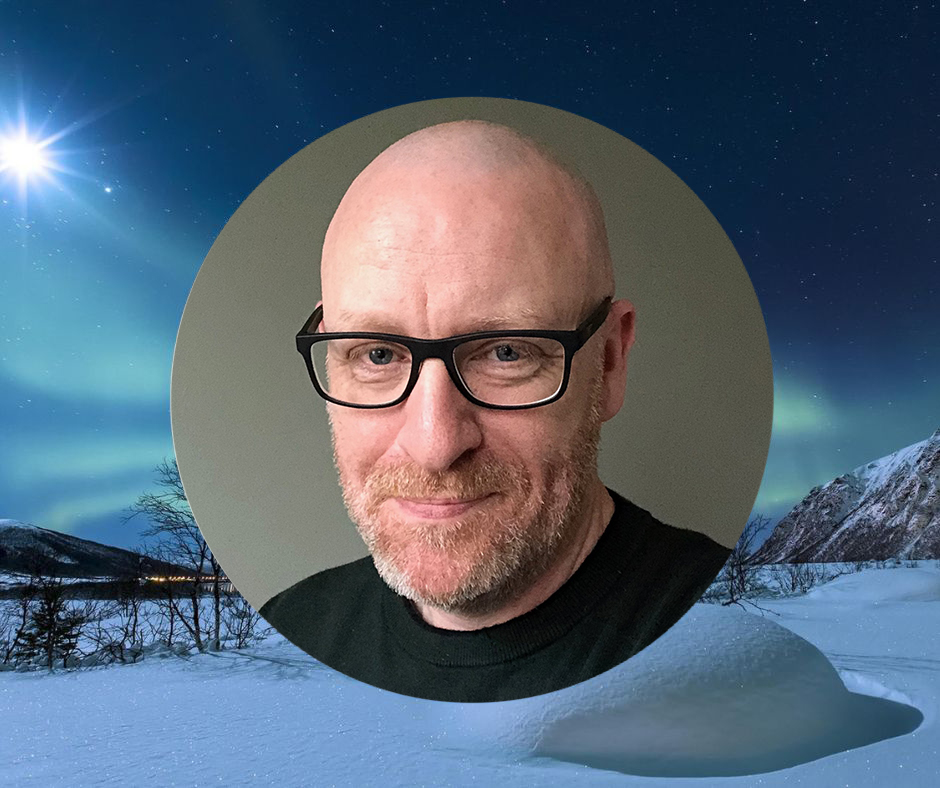 Photo of writer Damien Owens in a circular window effect with a snowy winter scene behind the circle. The idea is to create a sense of an Advent Calendar window|The cover of Damien Owen's novel Duffy and Son is blue with yellow writing. It shows an illustration of a father and son sitting on a park bench with their backs to us. The son is 40