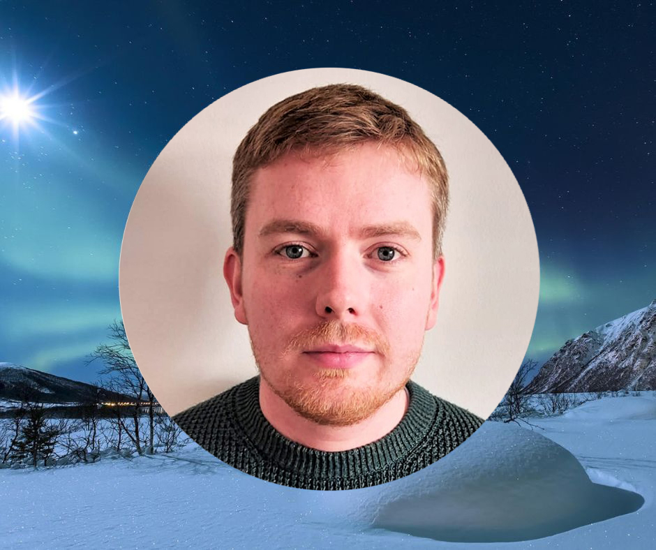 Photo of writer James Conor Patterson in a circular window effect with a snowy winter scene behind the circle. The idea is to create a sense of an Advent Calendar window|The cover of James Conor Patterson's poetry collection is mainly black in colour. It has his name and the book title Bandit Country in white letters and white lines drawings of various scenes including a bridge